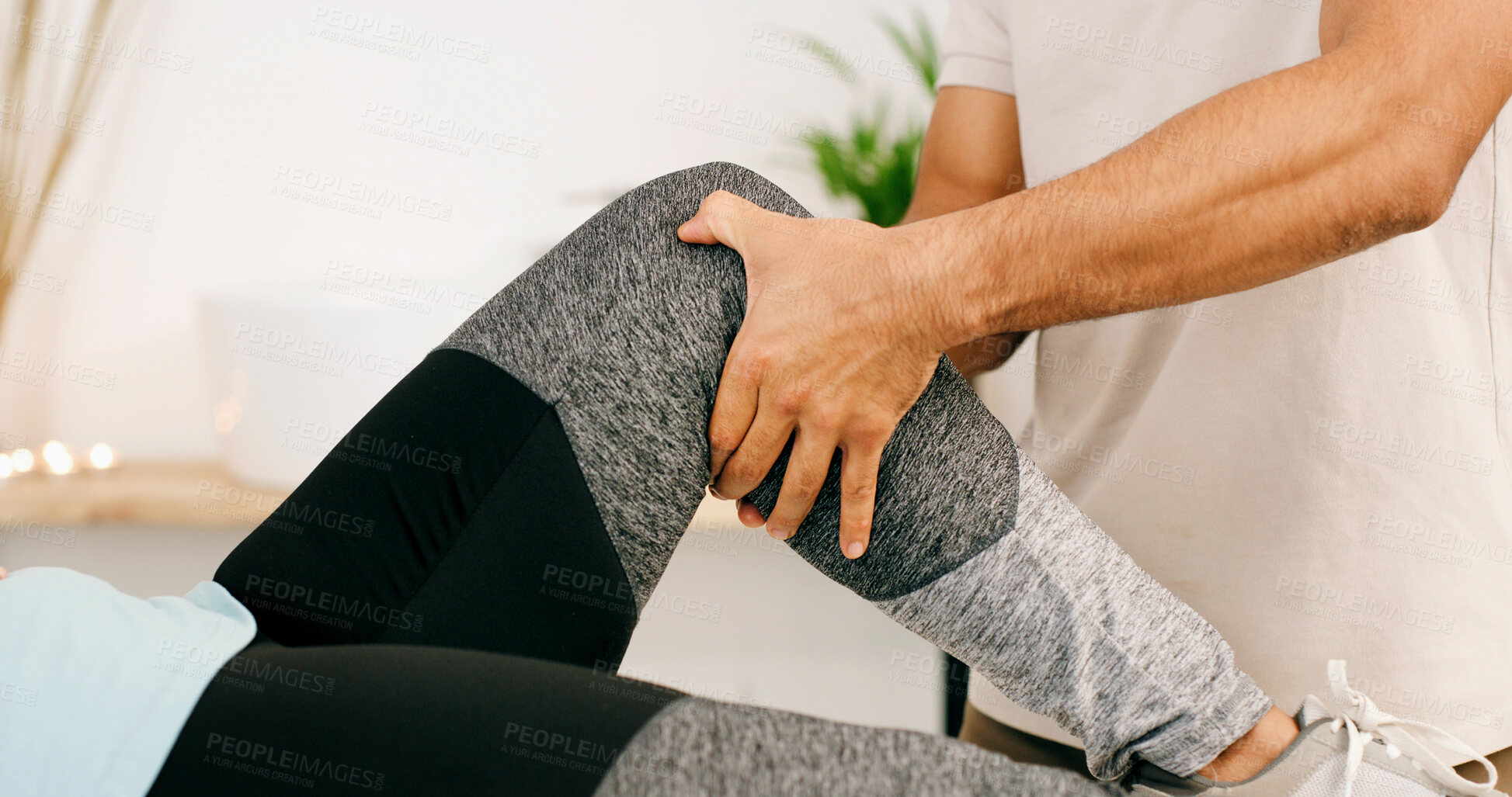 Buy stock photo Physiotherapy, knee pain and physical therapist with woman in clinic for muscle recovery support. Healthcare, checkup and physiotherapist with female patient with leg exercise for rehabilitation.