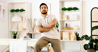 Buy stock photo Portrait, man and physiotherapist in office with arms crossed, wellness or medical service. Confidence, person and physical therapist in health clinic for healing, chiropractor and professional pride