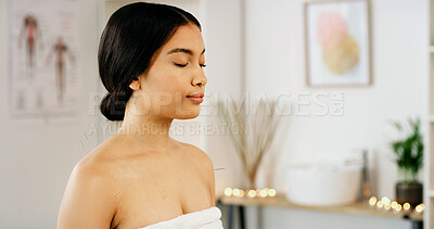 Buy stock photo Eyes closed, spa and woman at resort for acupuncture, holistic treatment and healing for wellness. Needle, salon and person with calm, peace and relax muscles for therapy, stress relief and health