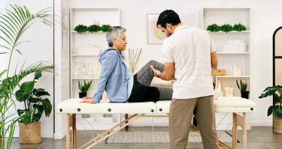 Buy stock photo Physiotherapy, leg stretching or woman in clinic for consultation, aid or mobility exam in rehabilitation. Healthcare, mature or specialist in center with checkup, injury or visit for muscle recovery