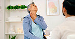Neck pain, physiotherapy and senior woman for consulting, wellness and rehabilitation. Healthcare, chiropractor and physical therapist with mature person for medical support, recovery and healing