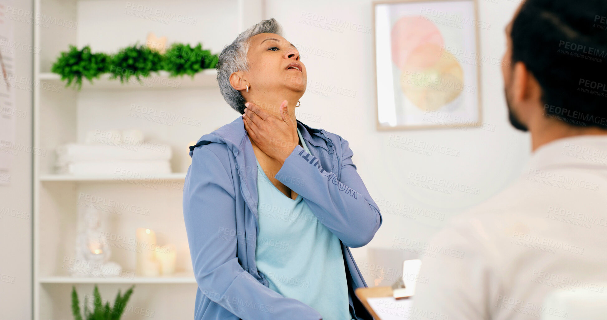 Buy stock photo Neck pain, physiotherapy and senior woman for consulting, wellness and rehabilitation. Healthcare, chiropractor and physical therapist with mature person for medical support, recovery and healing