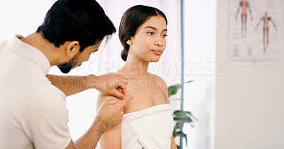 Buy stock photo Therapist, woman and body care in spa with acupuncture, stress relief and traditional Chinese medicine. Expert, person and wellness at retreat with needle, ancient healing method and pain management.