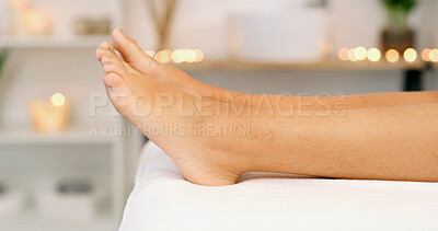 Buy stock photo Feet, acupuncture and therapy with person in spa for wellness, relax and bokeh on massage bed. Physiotherapy, foot pain and health with female customer for stress relief or holistic treatment
