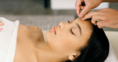 Buy stock photo Hands, woman and facial acupuncture in wellness spa for beauty, stress relief and traditional medicine. Worker, person and sleeping at resort with needle for skincare, healing and ancient treatment.