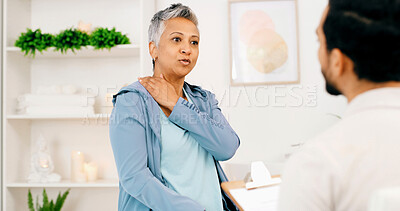 Buy stock photo Neck pain, physiotherapy and man with old woman for consulting, wellness and rehabilitation. Healthcare, chiropractor and physical therapist with mature person for medical support, recovery and help
