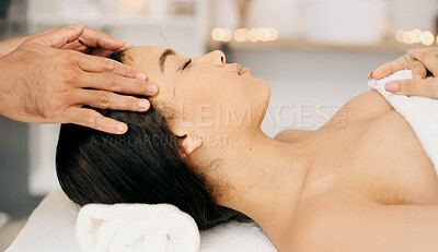 Buy stock photo Hands, woman or facial acupuncture in spa for beauty, stress relief or traditional Chinese medicine. Bokeh, worker or person at wellness resort with needle for skincare, ancient treatment or healing.