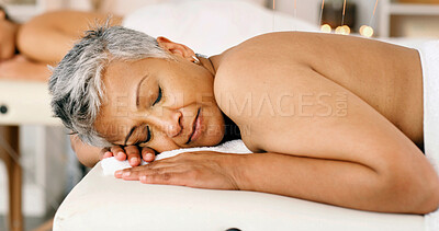 Buy stock photo Relax, acupuncture and mature woman at spa with sleeping for wellness, health or zen for body care. Rest, pamper and female person with nap for treatment with stress relief at luxury resort for calm