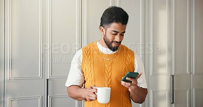 Buy stock photo Home, cellphone and man with coffee, internet and social media with communication. Tea, smartphone and person with network, email notification or connection with online reading or message to contact