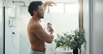 Buy stock photo Man, spray armpit and bathroom mirror in home with smile, fragrance and flare with morning routine. Person, grooming and self care with deodorant for odor, sweat or happy with bottle at apartment