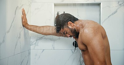 Buy stock photo Man, shower and hygiene with morning routine in home, bathroom and water drops for cleaning body. Person, shirtless and wash for grooming, self care and healthy skin with wellness at apartment
