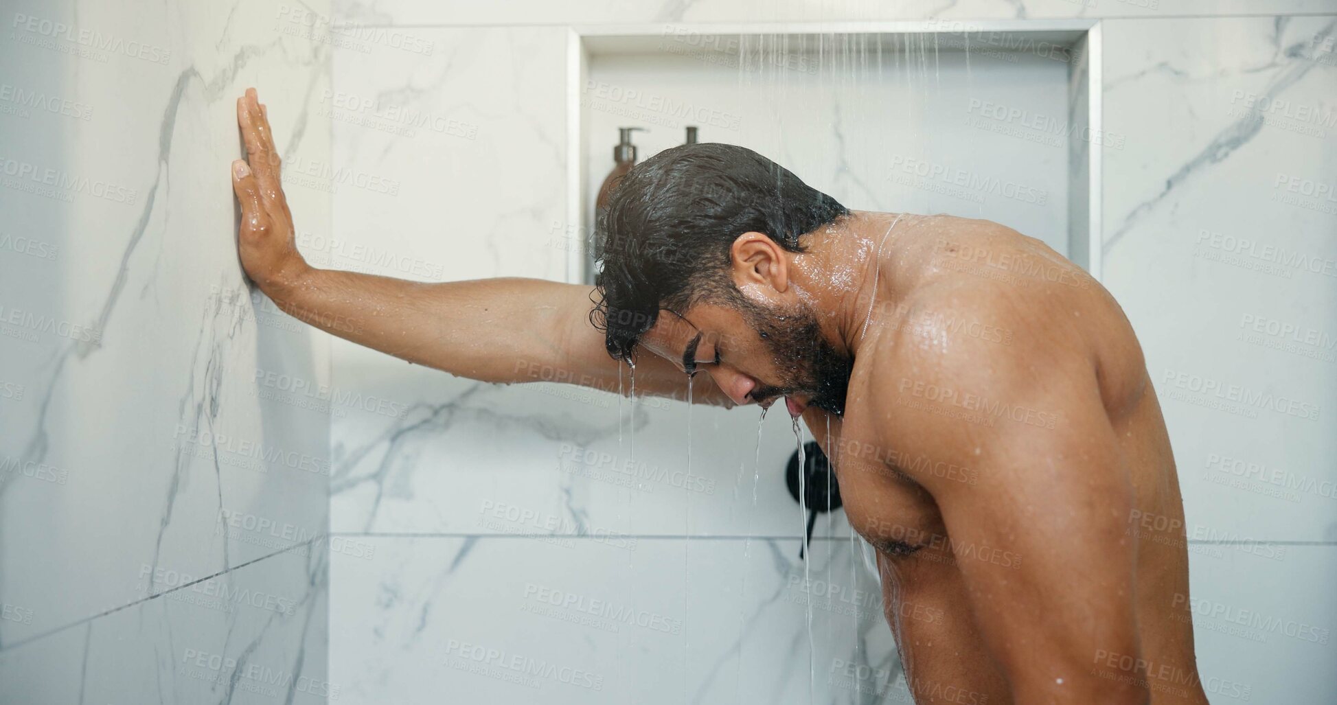 Buy stock photo Man, shower and hygiene with morning routine in home, bathroom and water drops for cleaning body. Person, shirtless and wash for grooming, self care and healthy skin with wellness at apartment