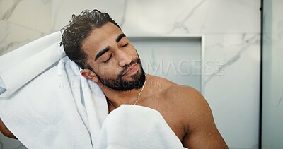 Buy stock photo Man, towel and smile with hair care in bathroom, grooming and dry scalp for shampoo treatment in home. Person, cloth and cleaning with hairstyle, wash and morning routine with hygiene at apartment