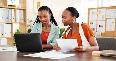 Buy stock photo Team, documents and laptop with business black women for campaign, project timeline and report. Target audience briefing, branding pitch and brainstorming session with employees and tech for meeting