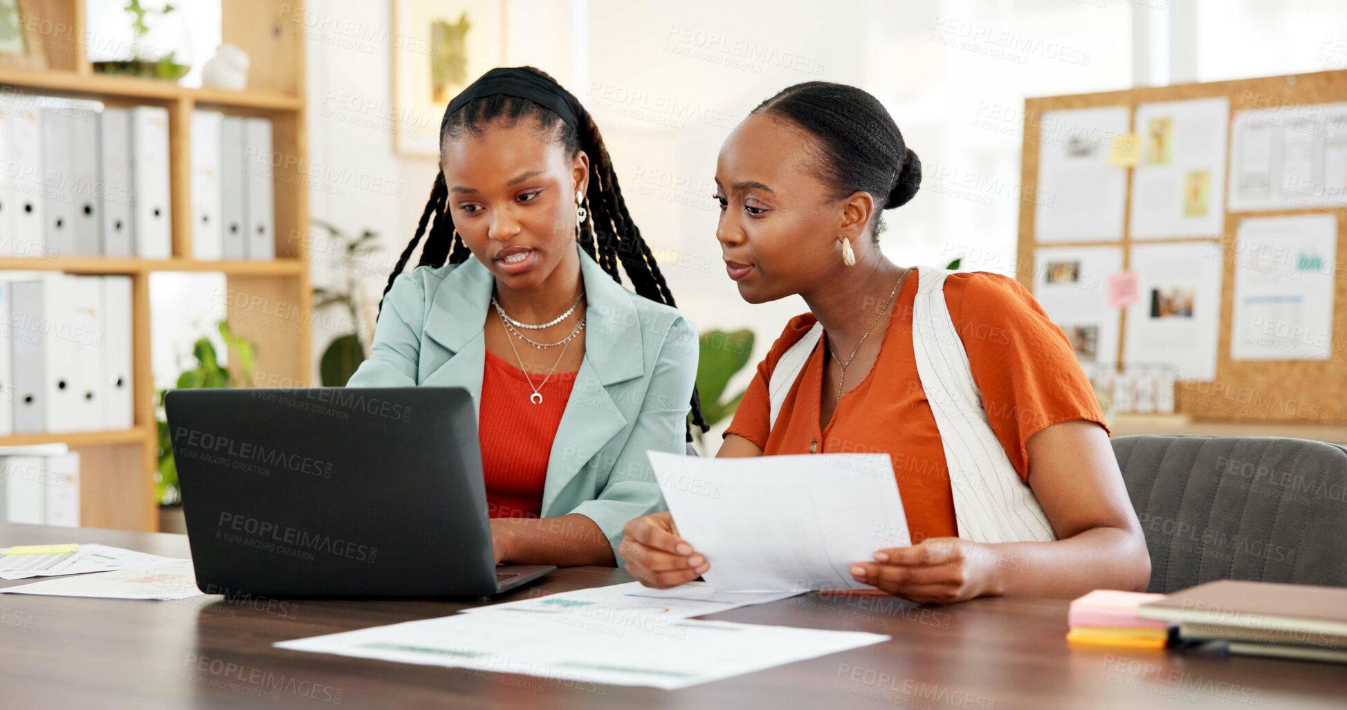 Buy stock photo Team, documents and laptop with business black women for campaign, project timeline and report. Target audience briefing, branding pitch and brainstorming session with employees and tech for meeting