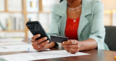 Buy stock photo Office, smartphone and hands with credit card, search and online shopping for purchase and discount. Business, shopper and person with technology for digital transaction, ecommerce and sale