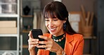 Laughing, woman and online with smartphone, startup and reading reviews on social media or logistics. Scroll, positive feedback and mature person with mobile in small business, distribution and boxes