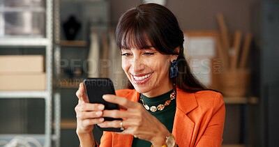 Buy stock photo Smile, woman and online with smartphone, logistics startup and reading reviews on social media. Mobile, small business and mature person with positive feedback for distribution, email or ecommerce