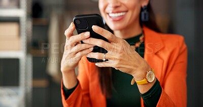 Buy stock photo Happy, woman or hands with smartphone, startup and reading order reviews on social media or supply chain. Scroll, check positive feedback or mature person with mobile, small business or distribution