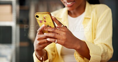 Buy stock photo Hands, phone or typing with woman in logistics office, shipping agenda or supply chain management. Courier app, transport or employee track order in distribution depot, mobile or delivery timeline