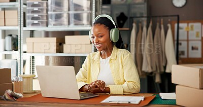Buy stock photo Video call, laptop and ecommerce with black woman and headphones for courier order and delivery confirmation. Supplier checklist, virtual chat and distribution logistics with person in warehouse