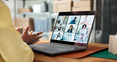 Buy stock photo Laptop screen, video call and person in small business for meeting or supply chain discussion. Office, hands and woman on computer in virtual conference for logistics, planning or shipping with team