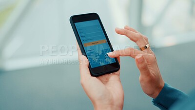 Buy stock photo Hands, phone screen and travel app for flight booking, planning trip or holiday. Person, mobile display and traveler with vacation info, online search and itinerary for destination closeup in office