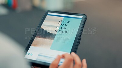 Buy stock photo Hands, tablet and screen with sign up for volunteering program, accountability and scroll on web. Person, tech and display with ux for homepage, website or registration for social responsibility