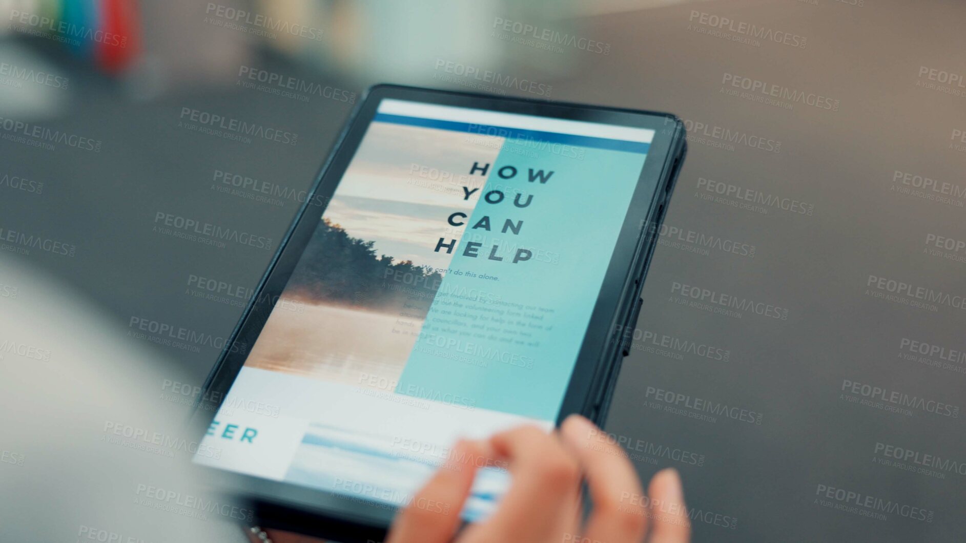 Buy stock photo Hands, tablet and screen with sign up for volunteering program, accountability and scroll on web. Person, tech and display with ux for homepage, website or registration for social responsibility