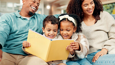 Buy stock photo Happy family, children or reading with book on sofa for laughing, humor or story time in home. Dad, mom or kids with funny novel, siblings or joke for comedy, bonding or development together in house