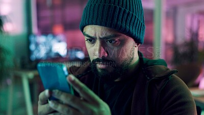 Buy stock photo Night, hacker and man with smartphone, internet and online reading with cybersecurity programming. Person, mobile user and programmer with cellphone, website server and install malware code with scam
