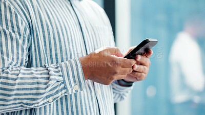 Buy stock photo Hands, phone and typing with business person in glass office for financial feedback or update. App, finance and text message with employee in corporate workplace for accounting or risk management