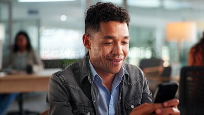 Buy stock photo Phone, happy and businessman in office with networking, communication or social media on mobile app. Smile, technology and male person with cellphone for contact, email or texting in workplace.