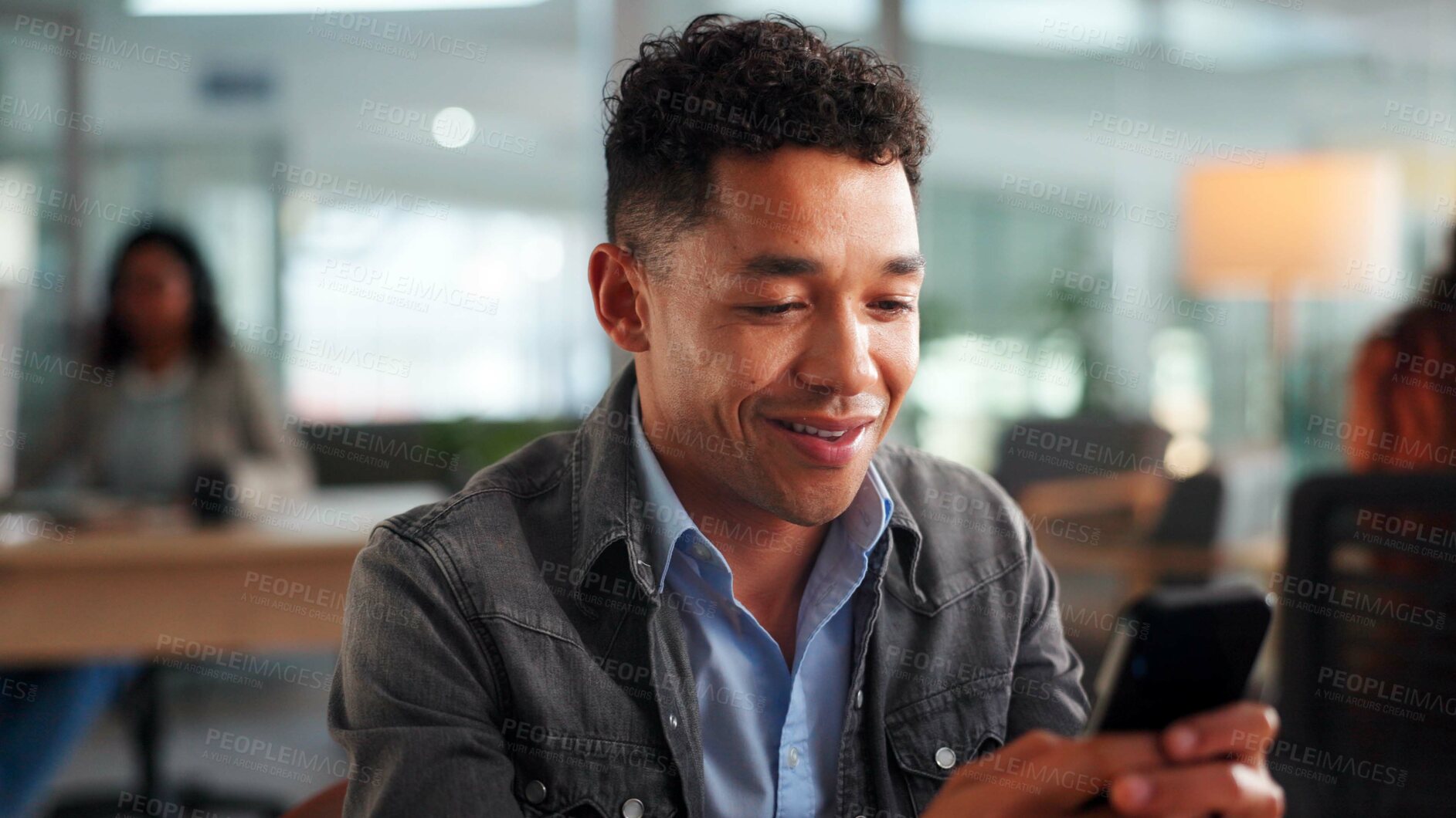 Buy stock photo Phone, happy and businessman in office with networking, communication or social media on mobile app. Smile, technology and male person with cellphone for contact, email or texting in workplace.