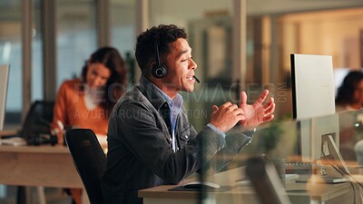 Buy stock photo Man, explain and headset with computer in call centre for customer service, online query and billing. Agent, pc and consultation for payment solution, client information and script for refund request