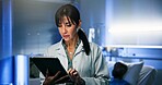 Doctor, woman and tablet for reading in hospital with patient for healthcare or consultation. Typing, support and service with man for diagnosis, medical treatment and results in night clinic