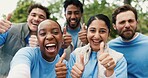 Portrait selfie, thumbs up and volunteer people outdoor for food drive celebration or success. Donation, photograph and support with excited friends in park together for charity or community outreach