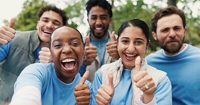 Buy stock photo Portrait selfie, thumbs up and volunteer people outdoor for food drive celebration or success. Donation, photograph and support with excited friends in park together for charity or community outreach