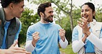 Applause, fist pump and volunteer people outdoor for food drive celebration, motivation or success. Charity, smile and support with excited friends clapping in park together for community outreach