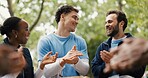 Applause, solidarity and volunteer people outdoor for food drive celebration, motivation or success. Donation, smile and support with happy friends clapping in park for charity or community outreach
