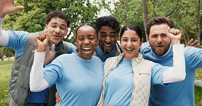 Buy stock photo Celebration, portrait and volunteer people outdoor for food drive milestone, motivation or success. Donation, fist pump and support with excited friends in park together for community outreach