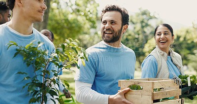 Buy stock photo Park, volunteer or happy people with plants for nature restoration project, eco advocate or green initiative. Gardening, sustainable environment or team with trees for climate action, outdoor or ngo