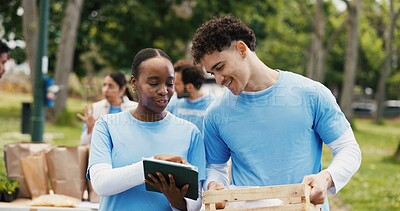 Buy stock photo Outdoor, volunteers and discussion with tablet, charity and happy for inventory on web or donations. Humanitarian, people and supply distribution with tech, NGO and social responsibility in woods