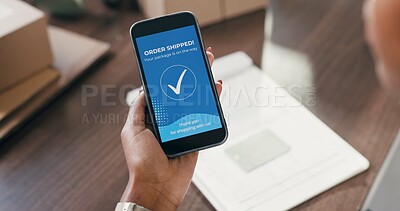 Buy stock photo Hands, person and phone screen for ecommerce in warehouse for notification on order shipping. Closeup, mobile app or confirmation of delivery alert, tracking package and verification for distribution