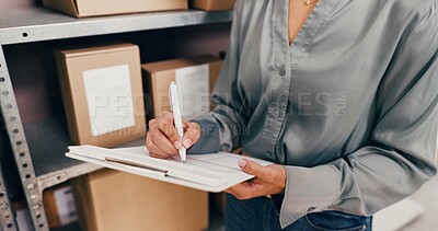 Buy stock photo Ecommerce, clipboard and shelf with hands in warehouse for inspection, shipping and supply chain. Order checklist, quality assurance and inventory management with person for cargo and distribution