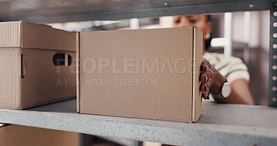Buy stock photo Hands, label and black woman with box in office for logistics, ecommerce or distribution for order. Industry, supply chain and African female entrepreneur with information for delivery with package.