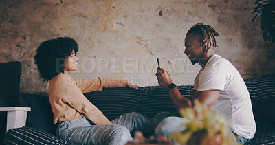 Buy stock photo Relax, man and photography of partner on sofa for relationship memory, support and weekend break. Couple, african people or happy with picture in home for status update, social media post or bonding