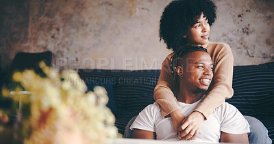Buy stock photo Thinking, couple and hug in lounge, trust and bonding on break with smile, love and romance in home. Happy, man and embrace with woman in living room, affection and reflection for future in house