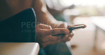 Buy stock photo Home, hands and woman with smartphone, internet and message to contact, social media and texting. Closeup, mobile user and person with cellphone, communication and digital app for online chatting