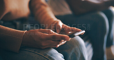 Buy stock photo House, hands and woman with cellphone, internet and message to contact, network and texting. Closeup, social media or person with smartphone, communication or digital app for online chatting or email